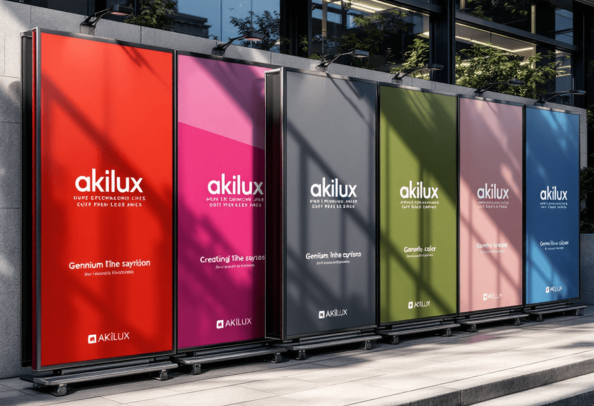 Scène lifestyle avec panneaux Akilux lors d'un événement, branding fictif visible.
